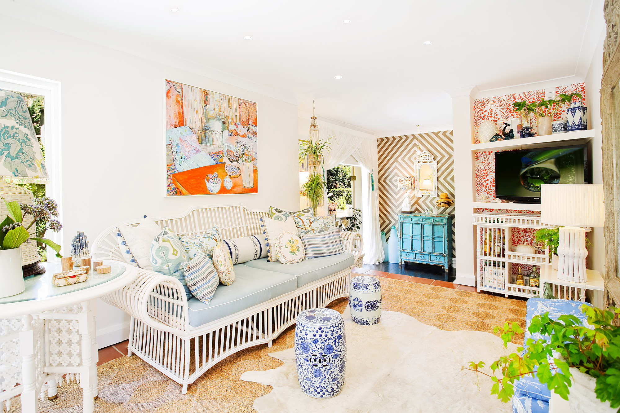 Bronwyn Poole Interiors Bohemian Living Room Rattan Daybed Chinoiserie Stools Chevron Wallpaper Terracotta — Interior Design by Bronwyn Poole