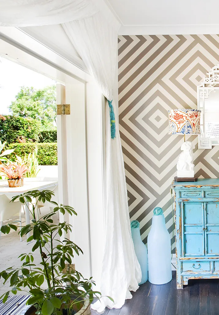 Bronwyn Poole Interiors Geometric Chevron Wallpaper White Curtains Turquoise Cabinet Garden View — Interior Design by Bronwyn Poole