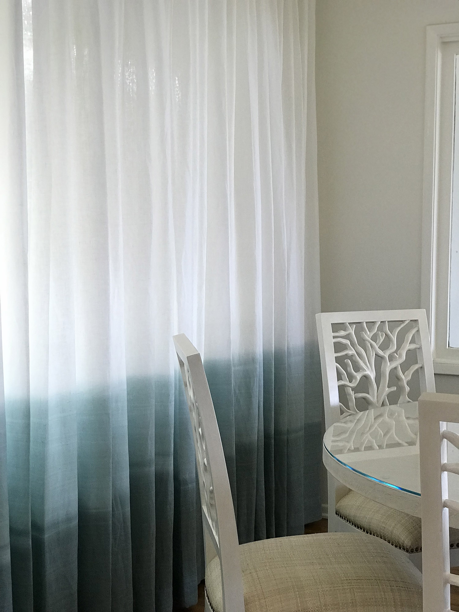 Bronwyn Poole Interiors Ombre Sheer Curtain Teal Gradient Coral Chair Detail — Interior Design by Bronwyn Poole
